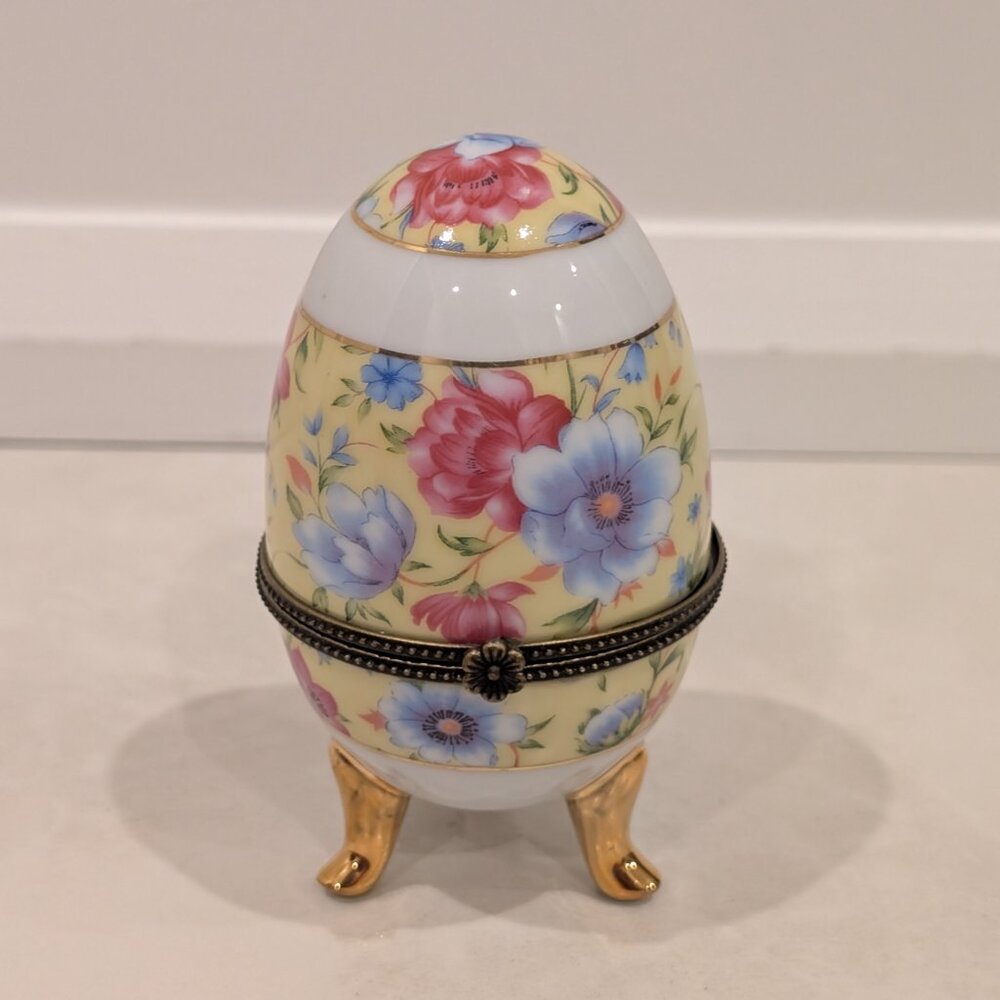 Limoges Hand Painted Egg France Trinket Box with Pink and Blue Flowers